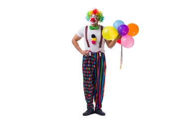 Funny clown with balloons isolated on white background