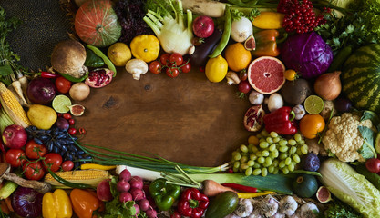 Fresh raw vegetables on wooden background copy space for text. Design moce up