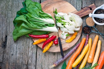 Paksoi with vegetables, Chinese cuisine, wok food