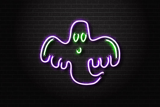 Vector realistic isolated neon sign of Halloween ghost for decoration and covering on the wall background. Concept of Happy Halloween.