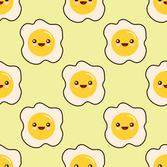 Fried egg faces seamless pattern kawaii cartoon character seamless pattern on yellow background. Flat design Vector Illustration EPS
