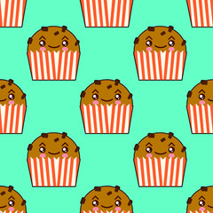 Cute cupcake seamless pattern with kawaii faces. Smiley cup cakes . Flat design Vector Illustration eps