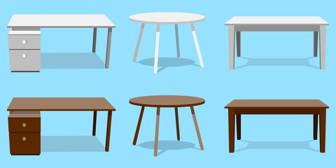 Empty Table Set Vector. Wooden, Plastic, White, Black. Isolated Furniture, Platform. Template For Object Presentation. Realistic Vector Illustration EPS10