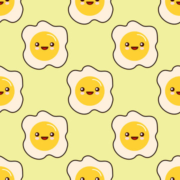 Fried egg faces seamless pattern kawaii cartoon character seamless pattern on yellow background. Flat design Vector Illustration EPS