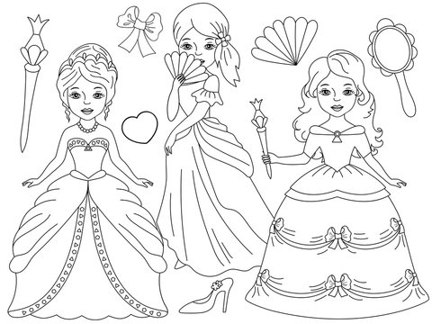 Vector Black and White Set with Beautiful Princesses