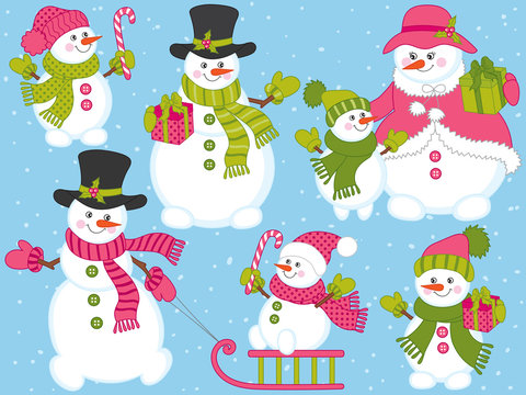Vector Christmas and New Year Set with Snowmen