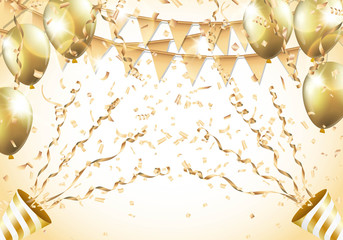 Gold balloons, confetti, streamers, flag and party popper on gold background. Vector illustration.