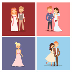 Wedding couple vector beautiful model girl in white dress and man in suit bride illustration design card