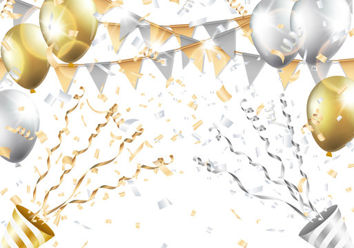 Gold and silver balloons, confetti, flag and party popper on white background. Vector illustration.
