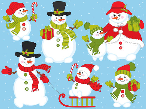 Vector Christmas and New Year Set with Snowmen