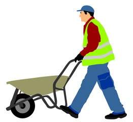 Construction worker with wheelbarrow vector illustration.