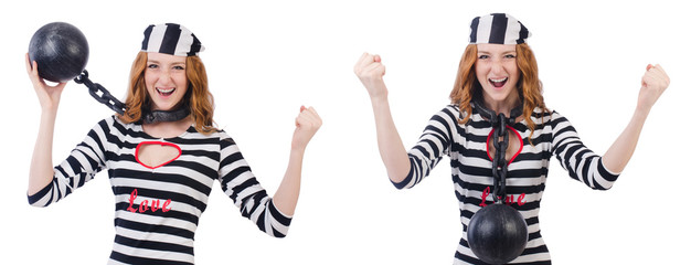 Young smiling woman-prisoner isolated on white