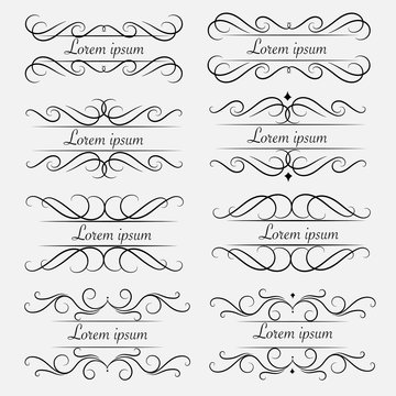 Set Of Decorative Calligraphic Elements For Decoration. Handmade Vector Illustration.