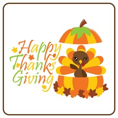 Cute turkey girl in pumpkin vector cartoon illustration for thanksgiving's day card design, wallpaper and greeting card 