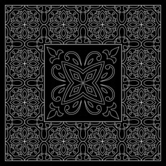 Black and White bandana print with tiling pattern maroccan style.Square pattern design for pillow, carpet, rug. Design for silk neck scarf, kerchief, hanky