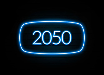 2050  - colorful Neon Sign on brickwall - obrazy, fototapety, plakaty
