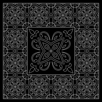 Black and White bandana print with tiling pattern maroccan style.Square pattern design for pillow, carpet, rug. Design for silk neck scarf, kerchief, hanky