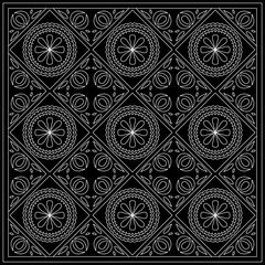 Black and White bandana print with tiling pattern maroccan style.Square pattern design for pillow, carpet, rug. Design for silk neck scarf, kerchief, hanky