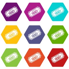 Movie ticket icon set color hexahedron