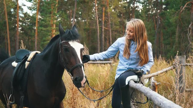 Beautiful girl cares for her horses. Focus on the girl