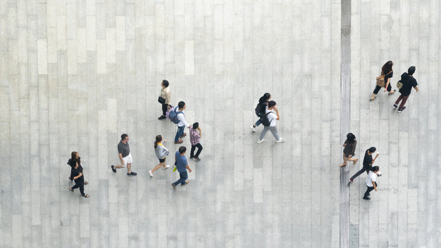 Top View Crowd Of People Walk On Business Street Pedestrian In City