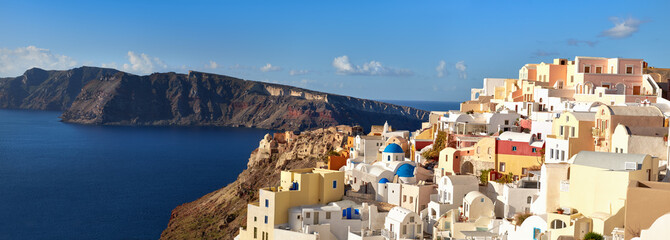 Panoramic image of Oia village, Santorini island, Greece