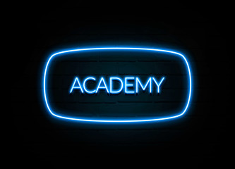 Academy  - colorful Neon Sign on brickwall