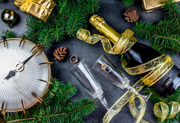 New Year Eve tradition rutual put gold ring to champagne. Spanish and Latin American New year...