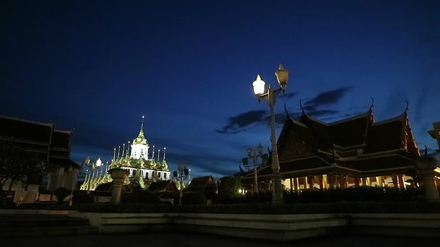 Metal castle, Loha Prasat at Wat Ratchanatdaram temple, Bangkok, Thailand at twilight night