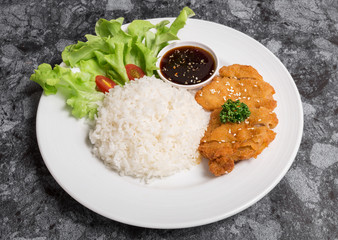 Rice with Fried Chicken Breast and Teriyaki sauce with vegetable in white dish.
