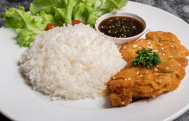 Rice with Fried Chicken Breast and Teriyaki sauce with vegetable in white dish.