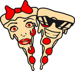 team paar 2 freunde liebe verliebt frau hübsch schön weiblich girl mädchen stück salami pizza lecker essen hunger comic cartoon