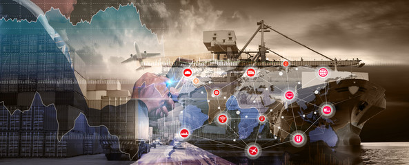 Businessman trading stocks online is pressing button on touch screen interface in front of Container Cargo ship and Cargo plane with Logistic import export and transport industry background