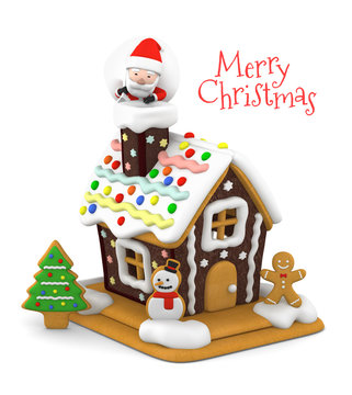 クリスマス お菓子の家とサンタクロース　3Dイラスト