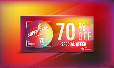 Special offer 70 discount in bright rectangular poster format and flyer. Super sale template for print and web advertising banner on hot background. Flat vector illustration EPS 10.