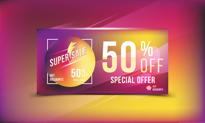 Super sale 50 discount bright rectangular poster format and flyer. Template for design advertising and banner on colour background. Flat vector illustration EPS 10.
