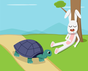 Rabbit sleep under tree while tortoise run on road
