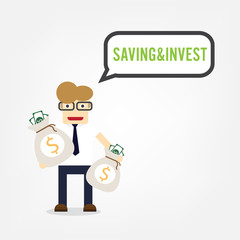 Rich businessman character hold money bags. Financial success saving and investment concept. Vector flat cartoon illustration