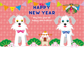 可愛い犬と鏡餅のピンクのイラストの年賀状