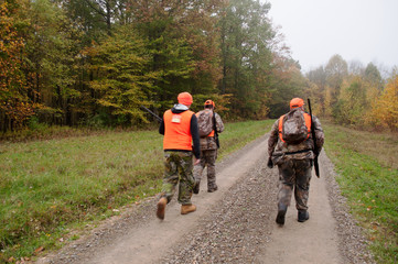 Fototapeta premium Three hunters walking a dirt road in the fall woods