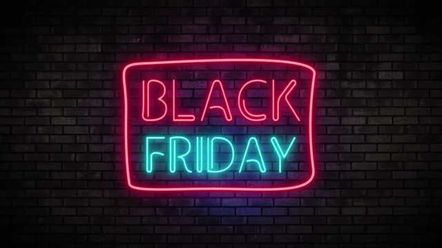 Black Friday Neon Light on Brick Wall. Sale Banner in Night Club Bar Blinking Neon Sign Style. Motion Animation. Video available in 4K FullHD and HD render footage