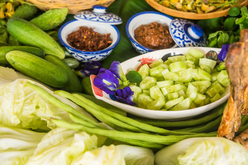Various thai vegetables, spices and chilli sauce