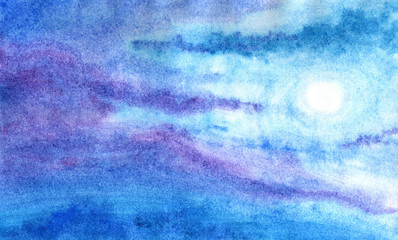 Fairy tale moon at night in blue-purple watercolor background.