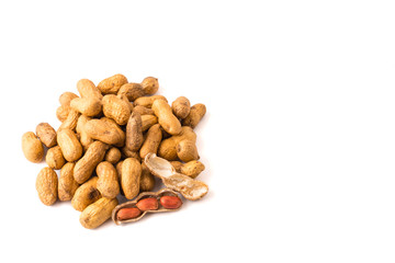 Peanuts on white background. Free space for text