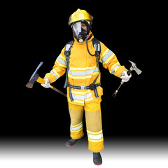 Fototapeta premium Firefighter holding axe and Hammer air pack fully protective suit walking on isolated black background