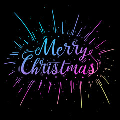 Hand lettered multicolored Merry Christmas text with burst for poster, banner and holiday greeting card. Merry Christmas and holiday concept. Vector hand drawn cartoon illustration on black background