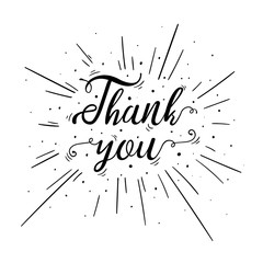 Obraz premium Hand lettered Thank You text with with firework burst for poster, banner and greeting card. Thanksgiving Day and holiday concept. Vector hand drawn cartoon illustration on black background.