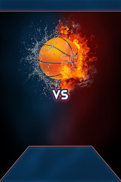 Basketball sports tournament modern poster template. High resolution HR poster size 24x36 inches, 31x91 cm, 300 dpi, vertical design, copy space. Basketball ball exploding by elements fire and water.