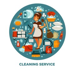 Maid in uniform surrounded with equipment for cleaning isolated vector illustration.
