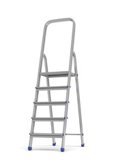 3d rendering of a single metal builder's step ladder with blue fittings isolated on white background.